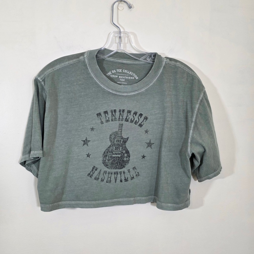 Aeropostale Women Nashville Guitar Graphic Crop Boyfriend Tee Washed Green XS